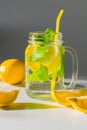 A close-up vertical photo of a mug filled with water, sliced Ã¢â¬â¹Ã¢â¬â¹lemon and mint leaves with yellow straw Royalty Free Stock Photo